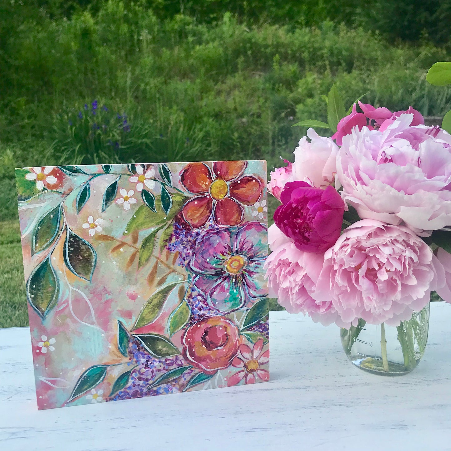 Garden of Joy Spring Floral Mixed Media Painting on 8x8 inch wood panel - Bethany Joy Art