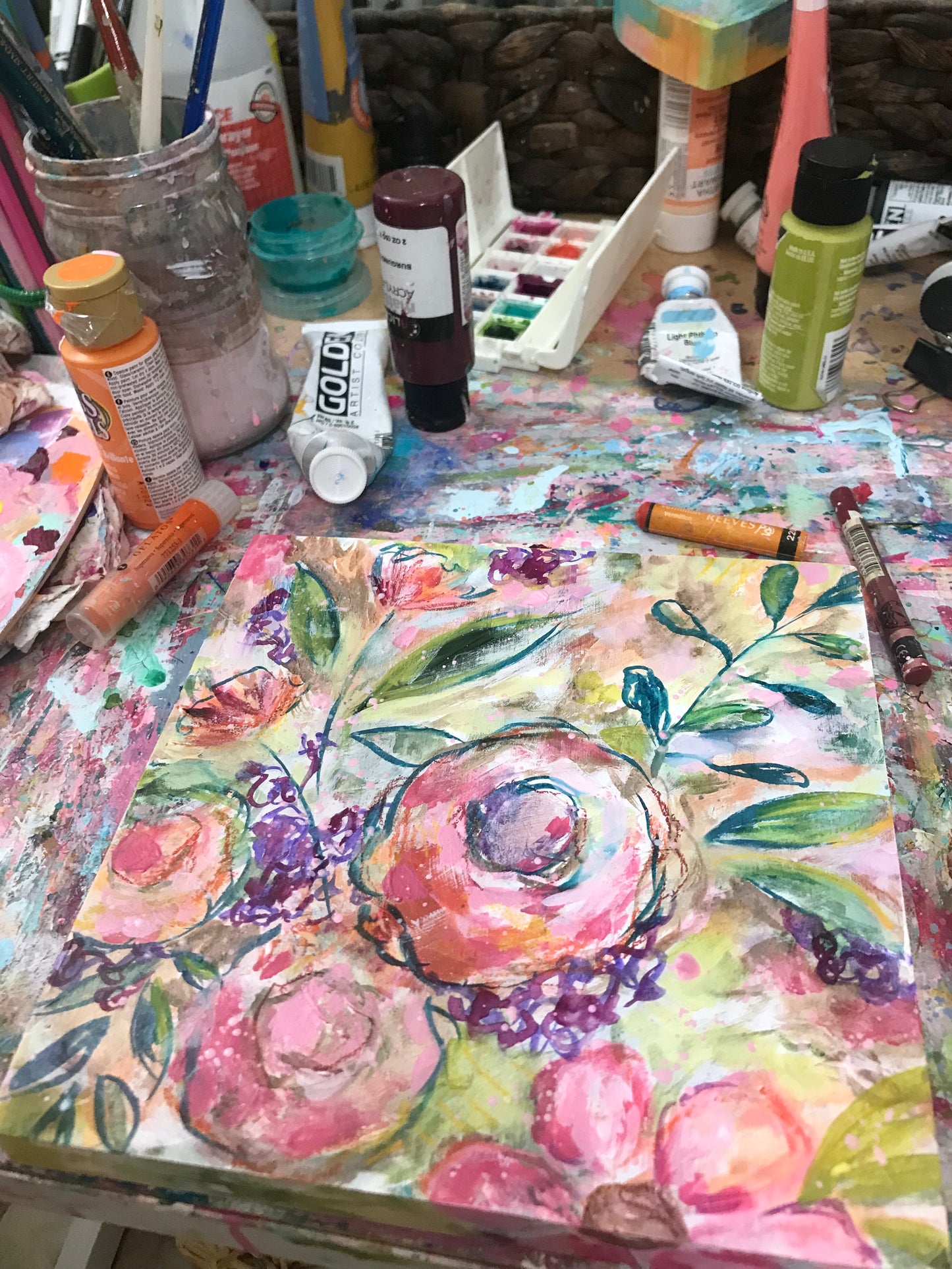 Hope Blooms Spring Floral Mixed Media Painting on 8x8 inch wood panel - Bethany Joy Art