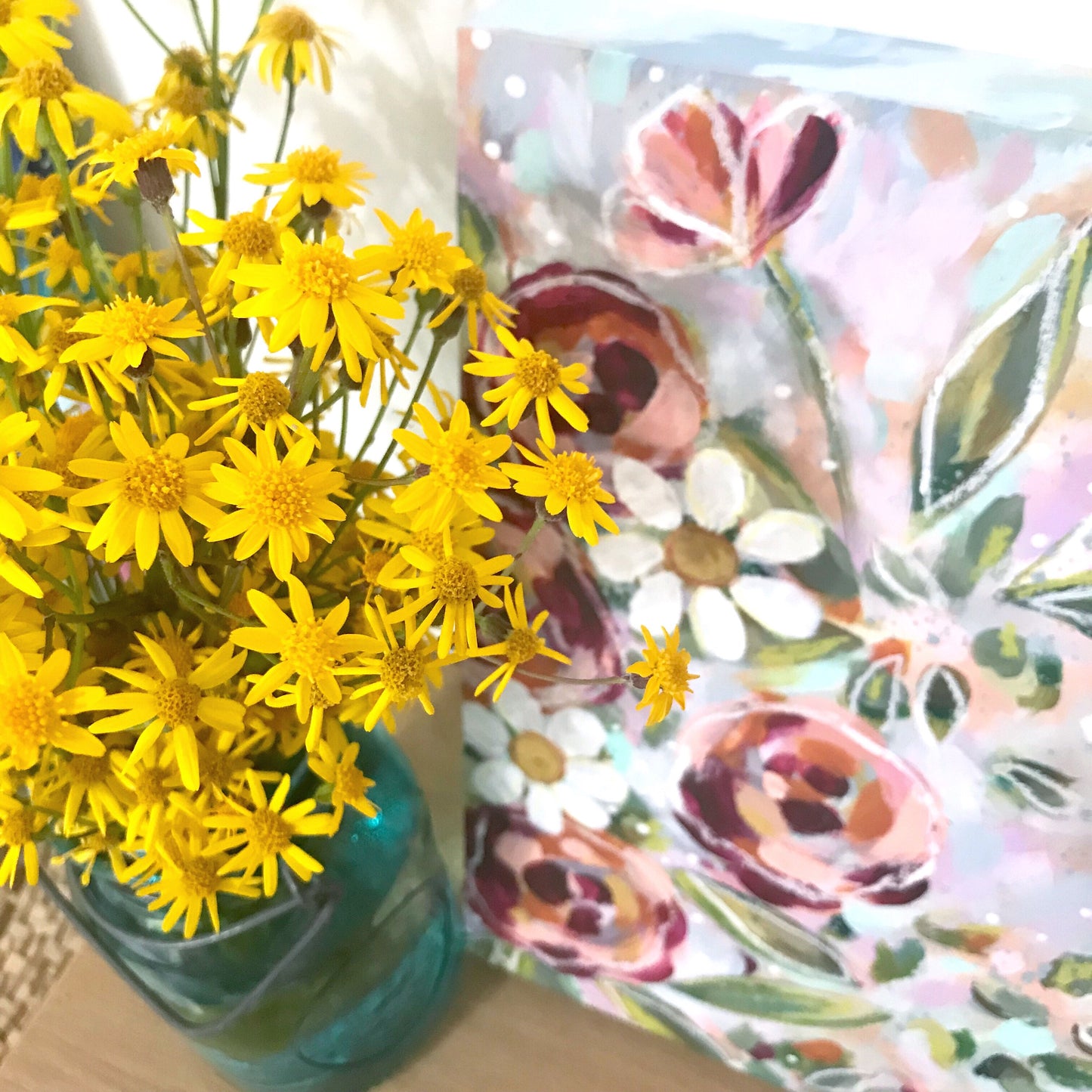 New Spring Floral Mixed Media Painting on 9x12 inch wood panel - Bethany Joy Art