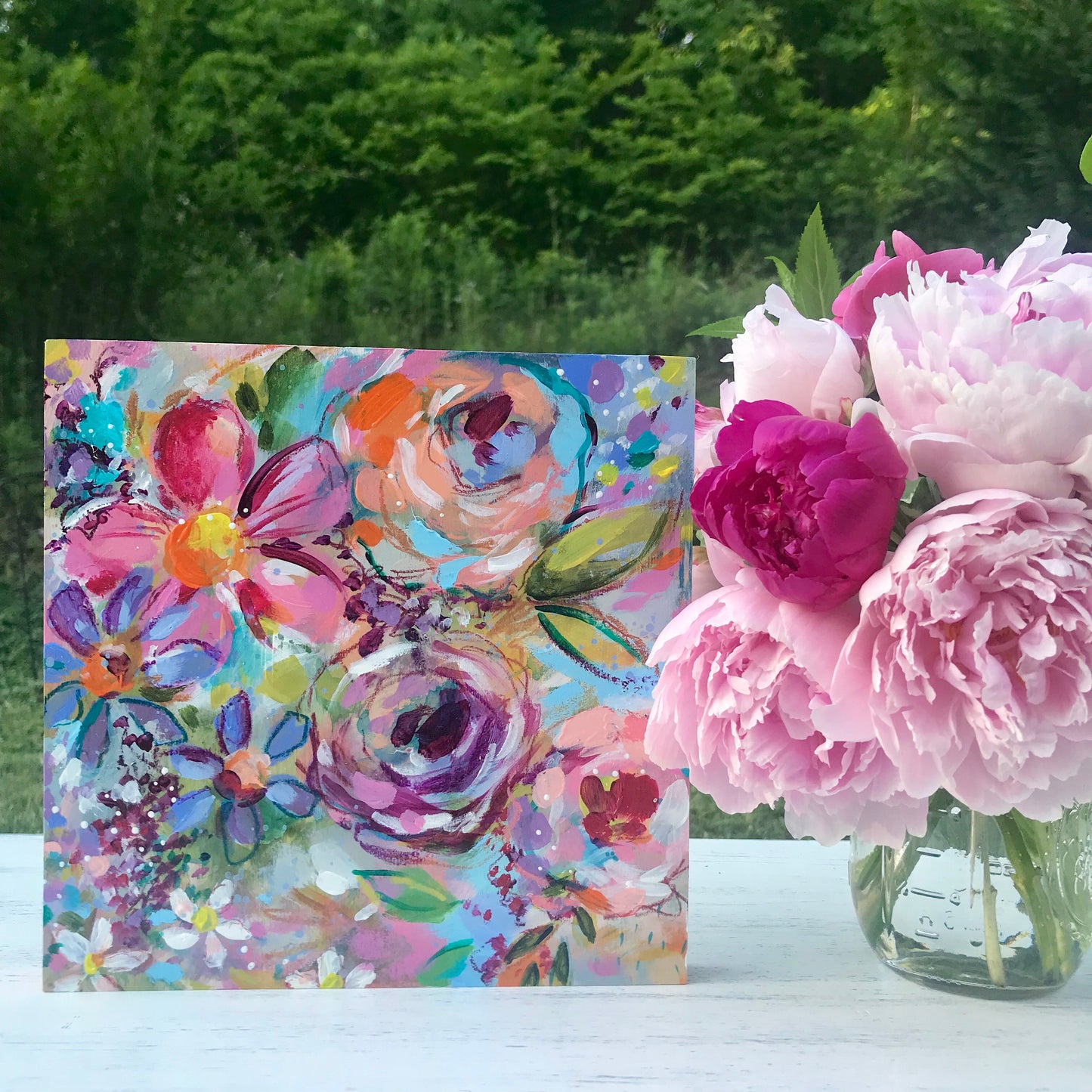 New Spring Floral Mixed Media Painting on 8x8 inch wood panel no.4 - Bethany Joy Art