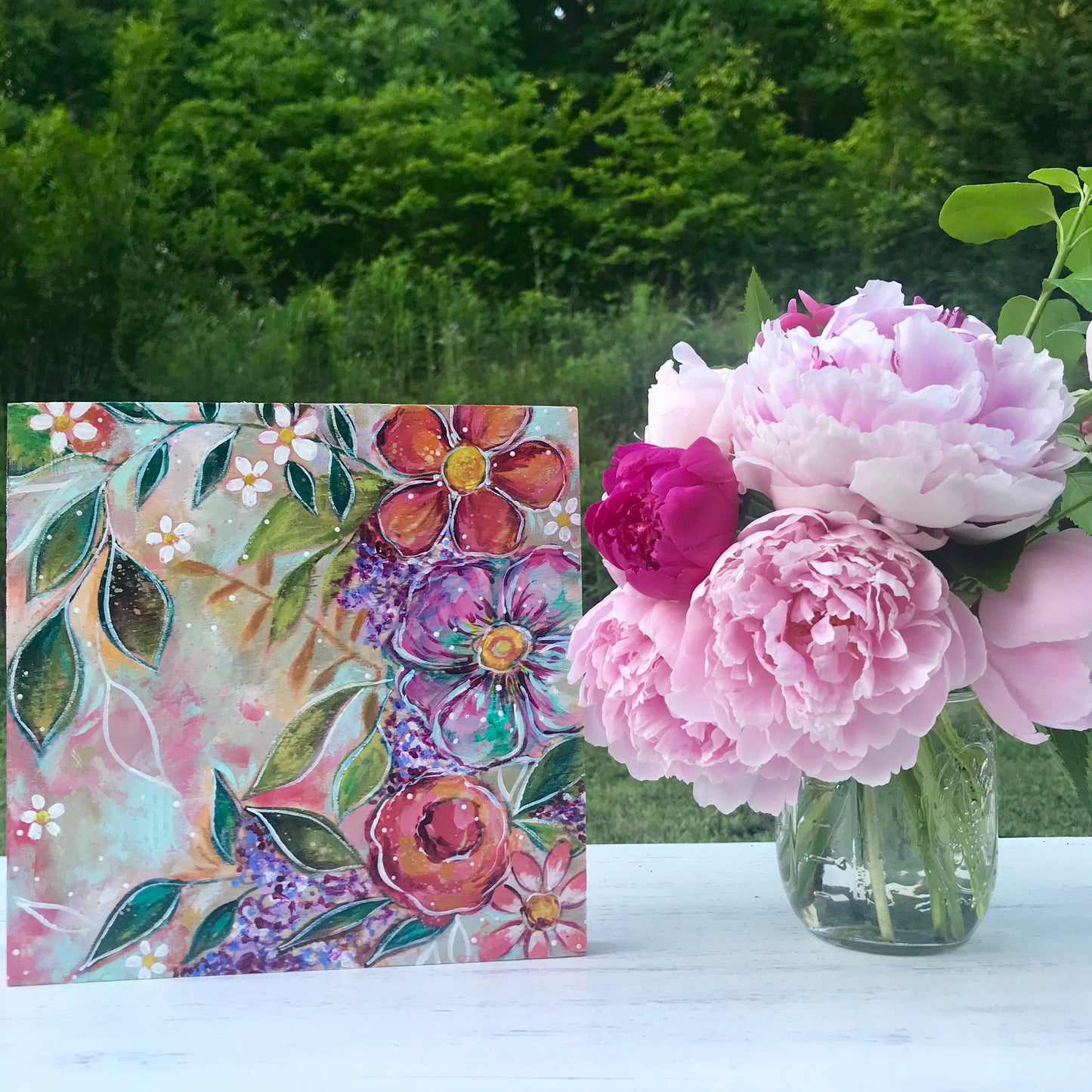 Garden of Joy Spring Floral Mixed Media Painting on 8x8 inch wood panel - Bethany Joy Art