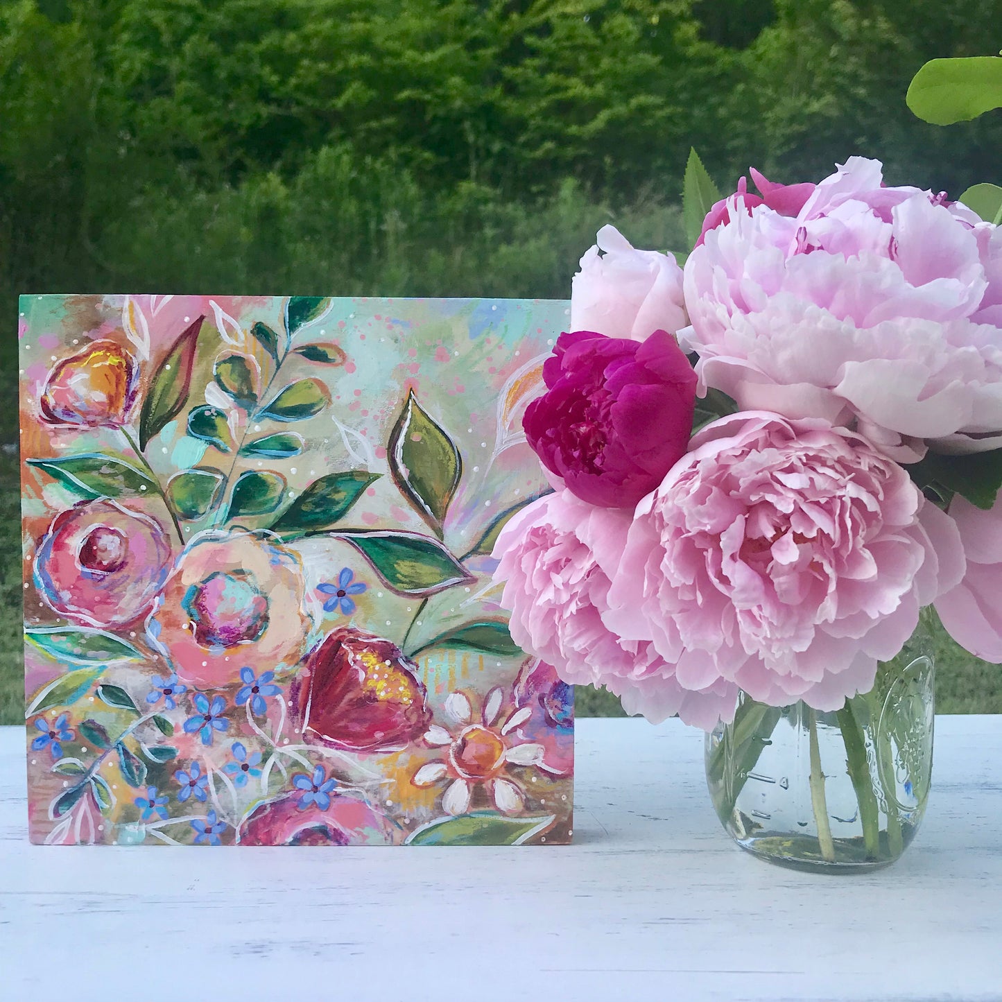 New Spring Floral Mixed Media Painting on 8x8 inch wood panel no.3 - Bethany Joy Art