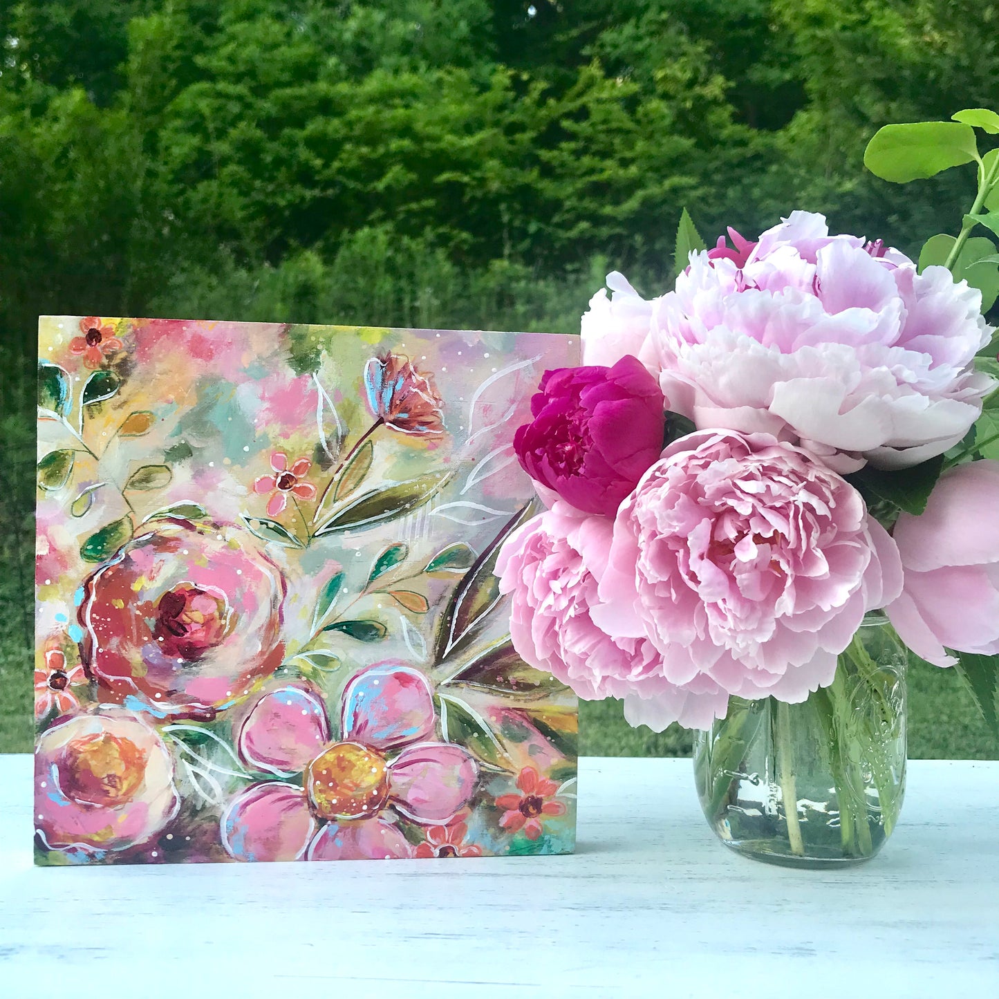 New Spring Floral Mixed Media Painting on 8x8 inch wood panel no.2 - Bethany Joy Art