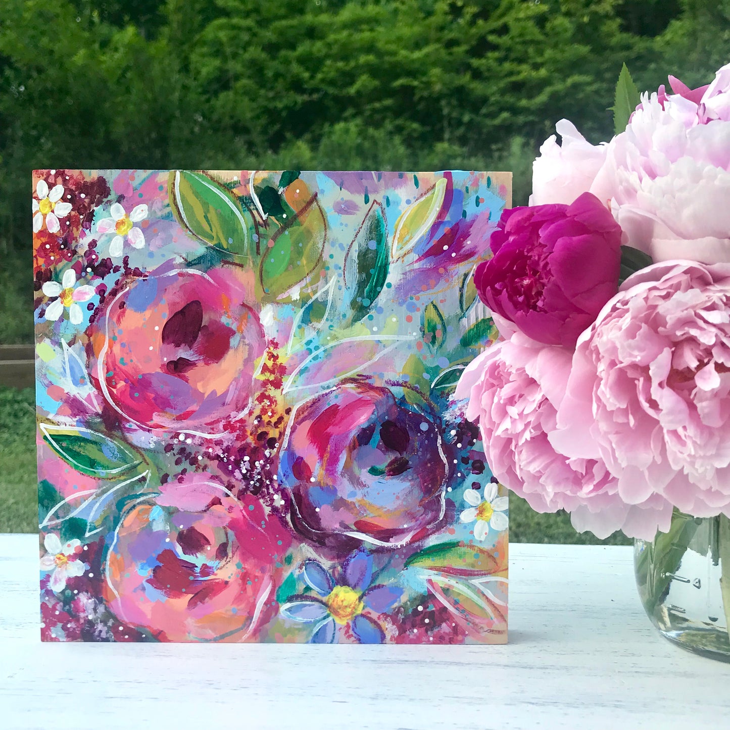 New Spring Floral Mixed Media Painting on 8x8 inch wood panel no.7 - Bethany Joy Art