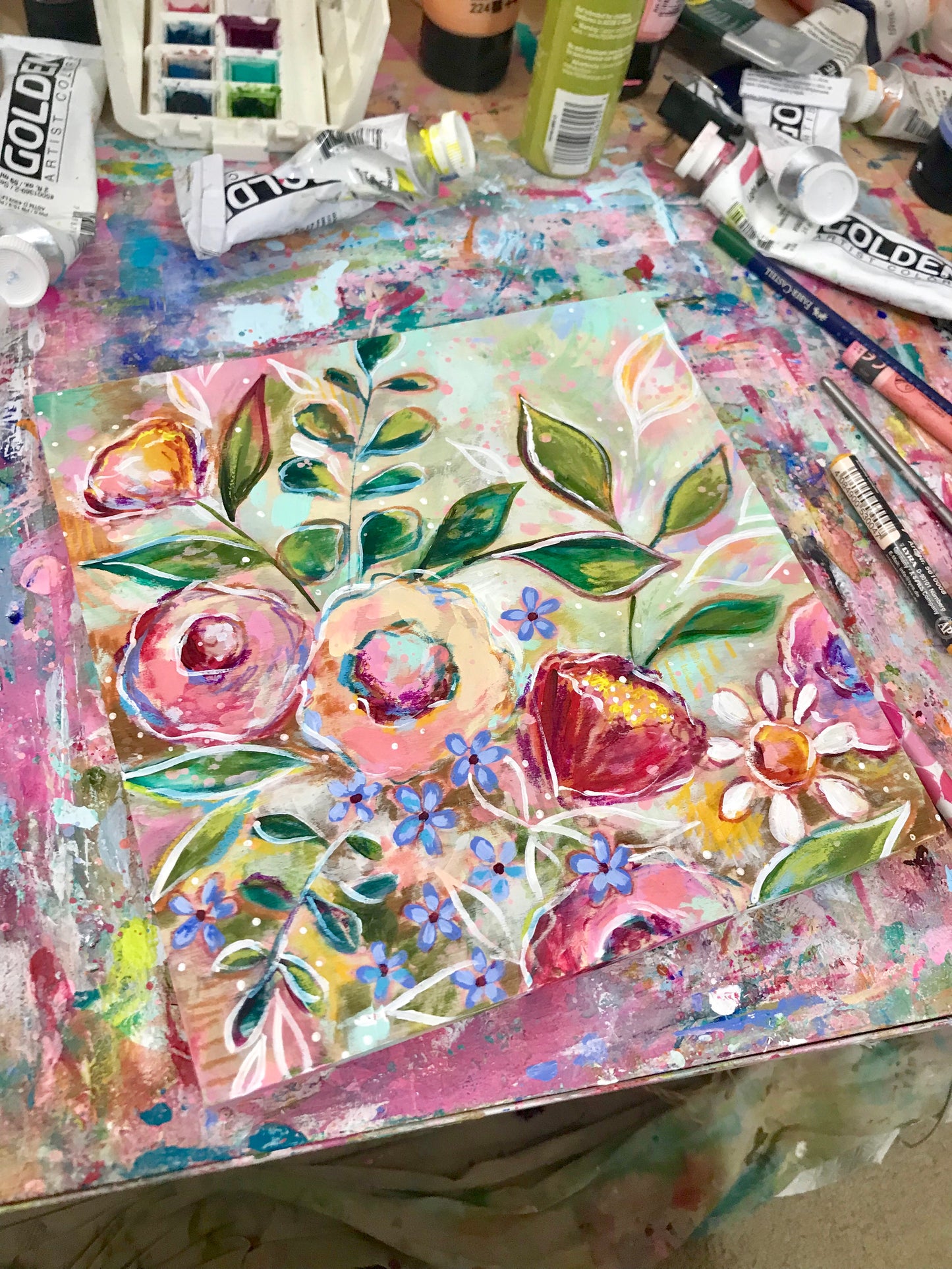 New Spring Floral Mixed Media Painting on 8x8 inch wood panel no.3 - Bethany Joy Art