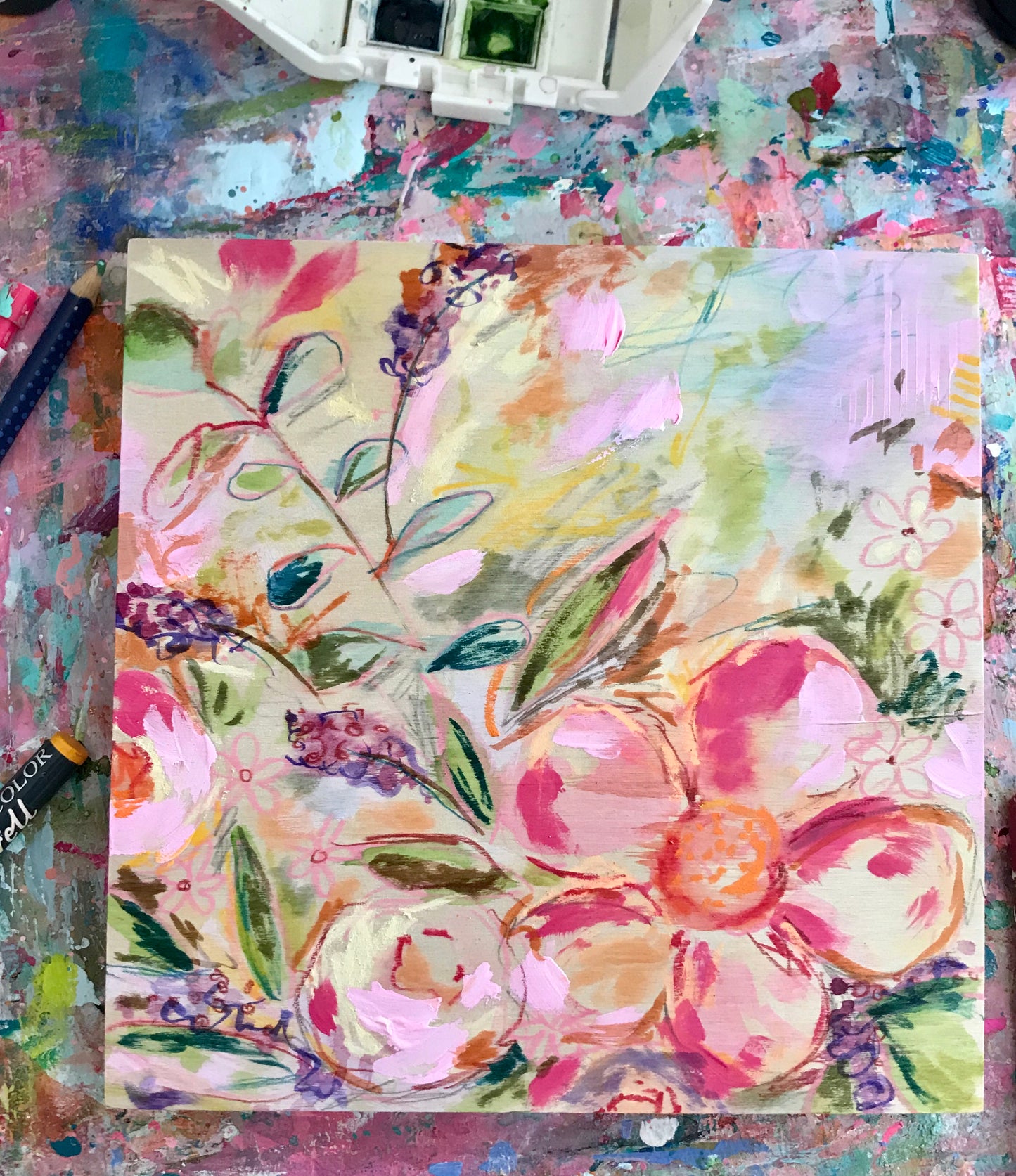 New Spring Floral Mixed Media Painting on 8x8 inch wood panel no.10 - Bethany Joy Art