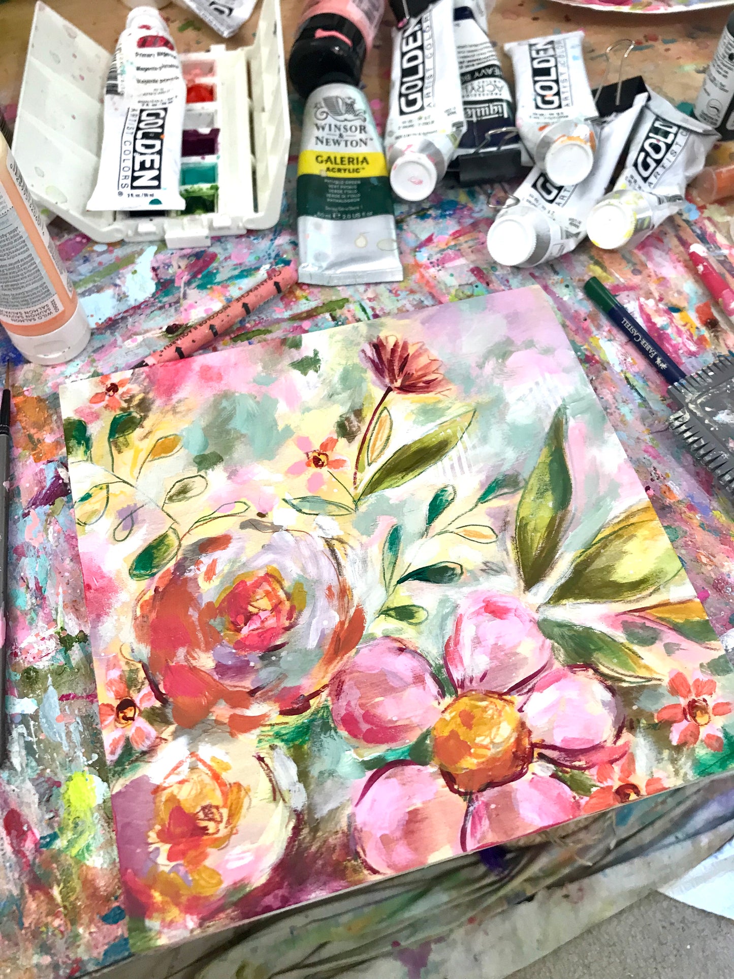 New Spring Floral Mixed Media Painting on 8x8 inch wood panel no.2 - Bethany Joy Art