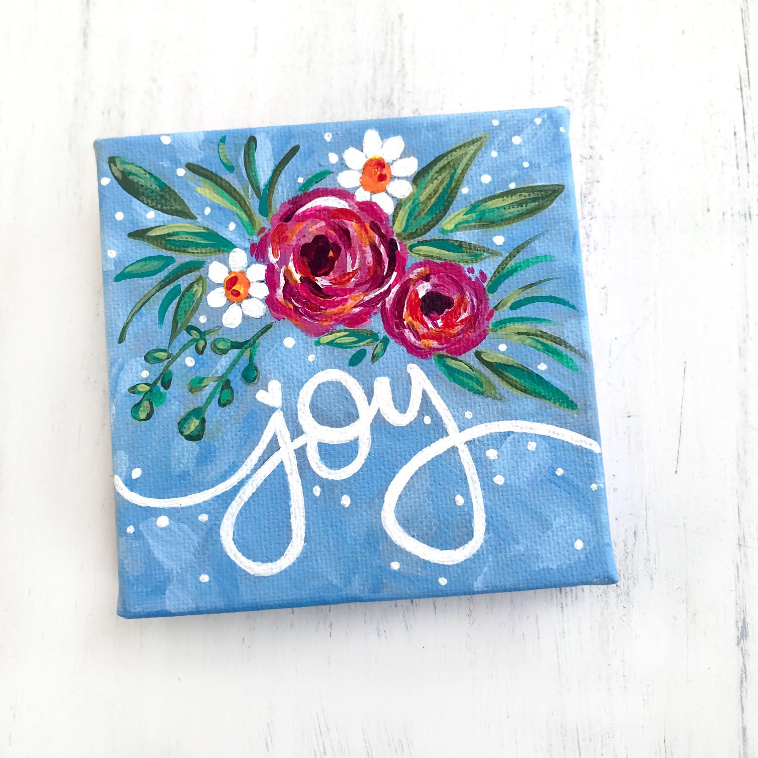 Joyful Spring Flowers- Floral Painting on 4x4 inch canvas with 1.25 inch  painted sides (pink stripes)