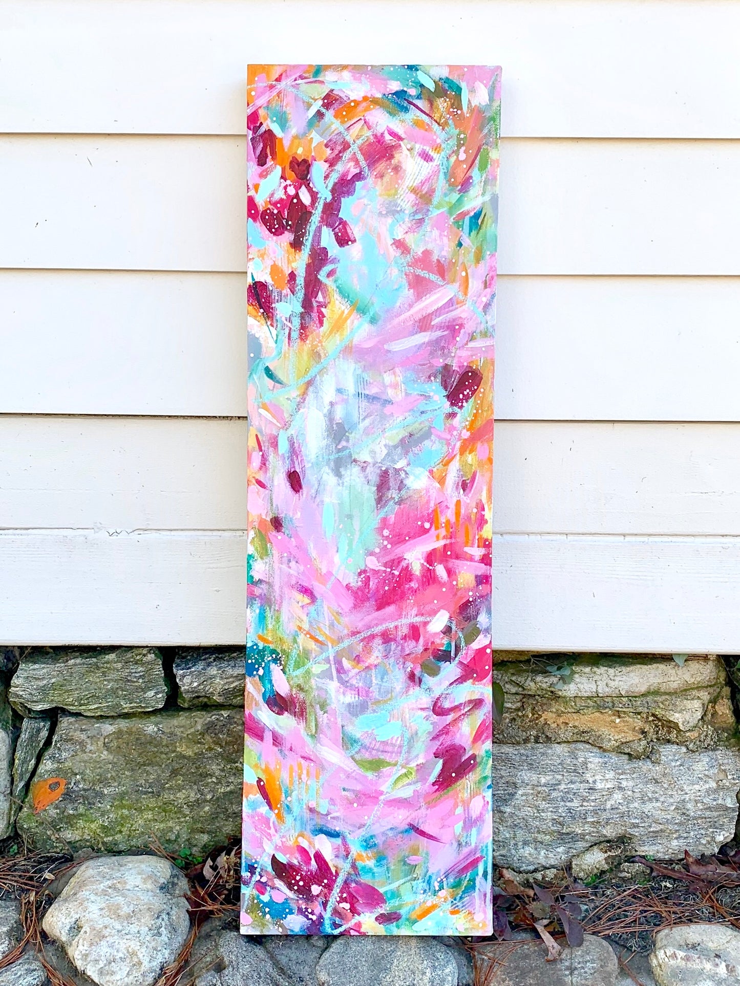 "Think Happy" Original Abstract Painting on 36x10.5 inch hand built canvas - Bethany Joy Art