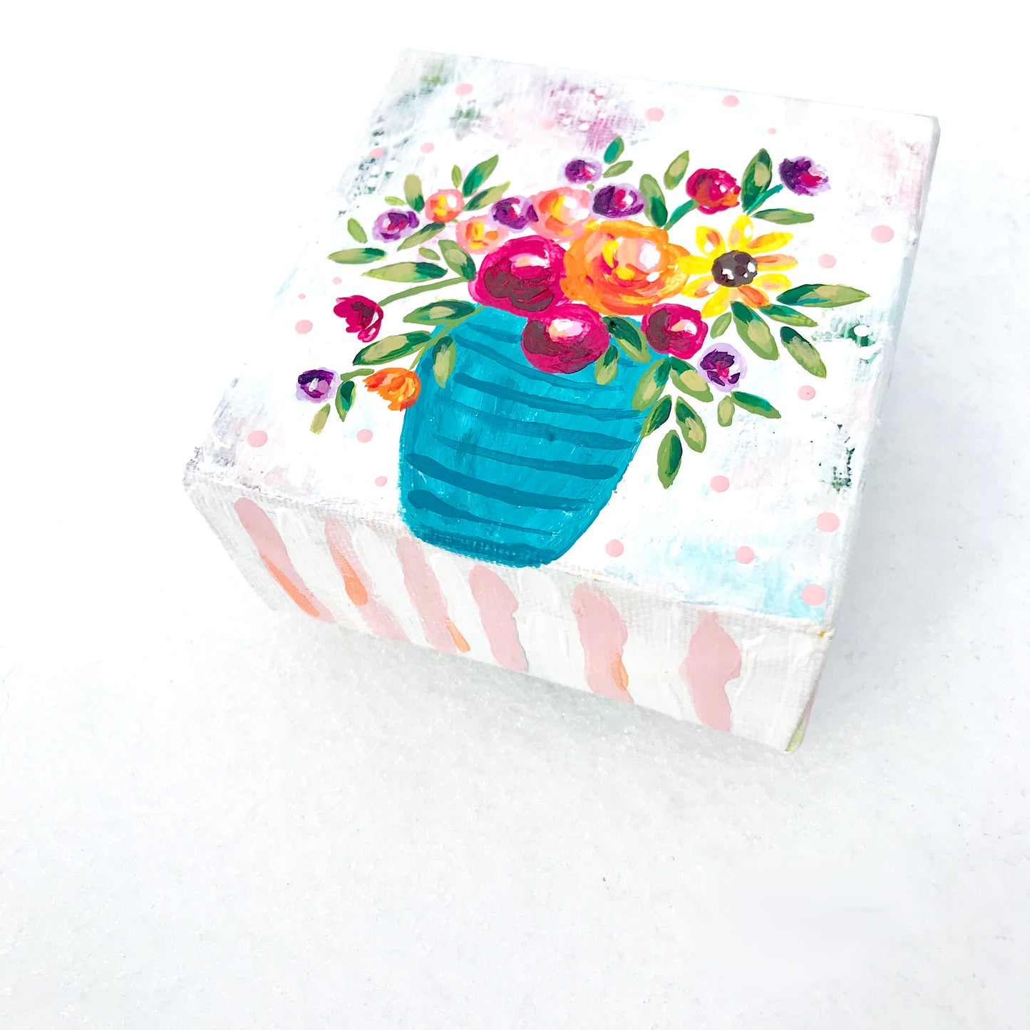 "Happy Go Lucky" Vase with Flowers Original Painting on 4x4 inch Canvas with Wood Frame - Bethany Joy Art