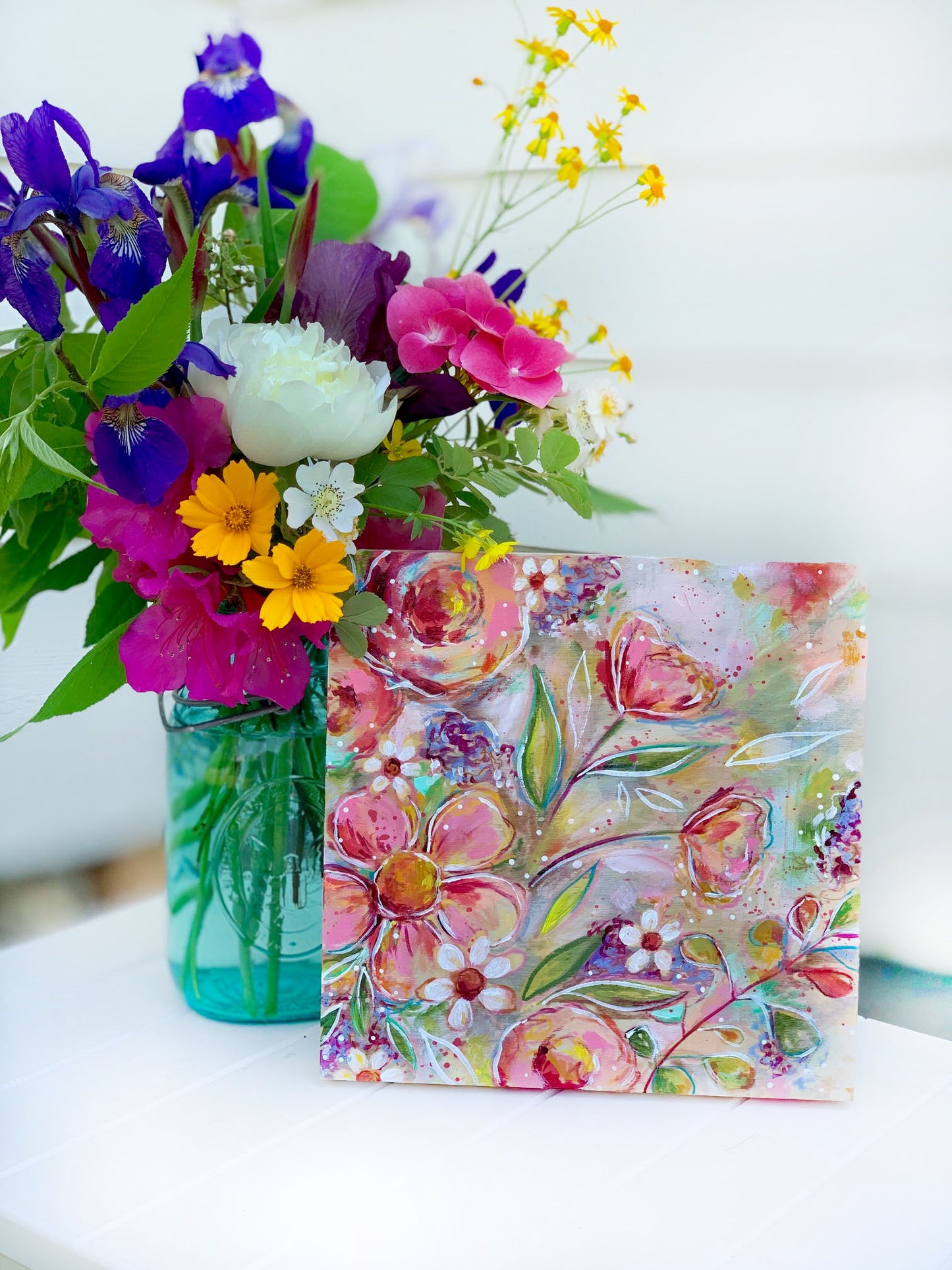 New Spring Floral Mixed Media Painting on 8x8 inch wood panel no.9 - Bethany Joy Art