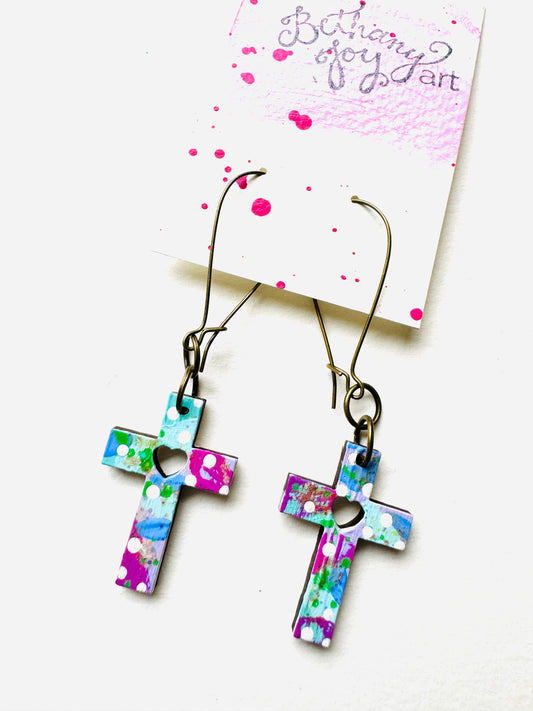 Colorful, Hand Painted Cross Earrings 18