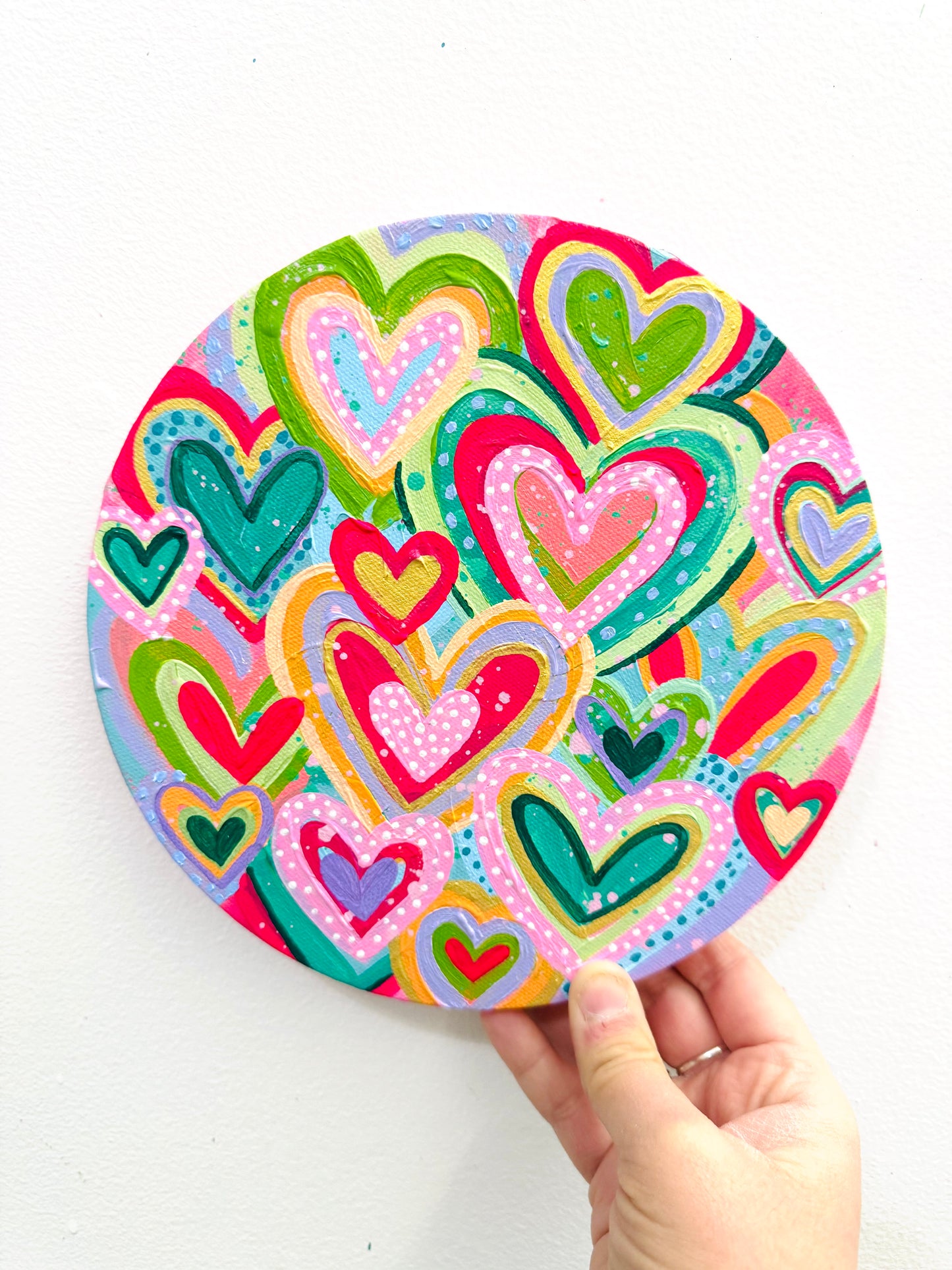 Colorful Hearts Original Painting on Circle Canvas 1