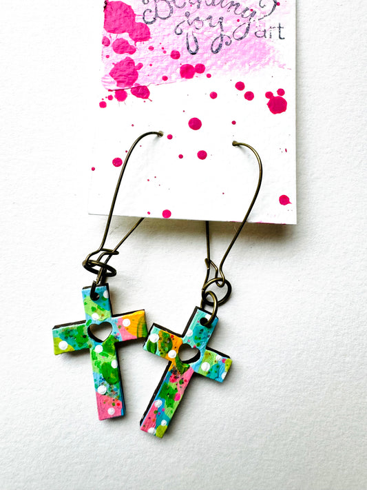 Colorful, Hand Painted Cross Earrings 11