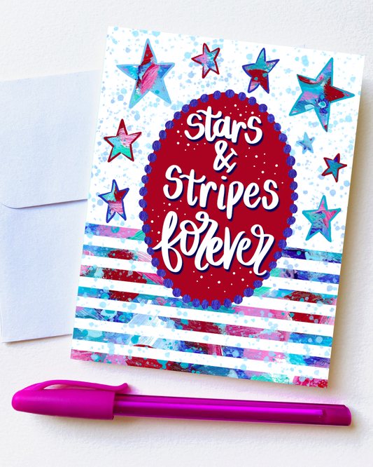 Card with 'Stars & Stripes forever' text and colorful stars on a white background