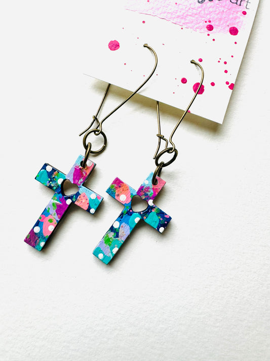 Colorful, Hand Painted Cross Earrings 20