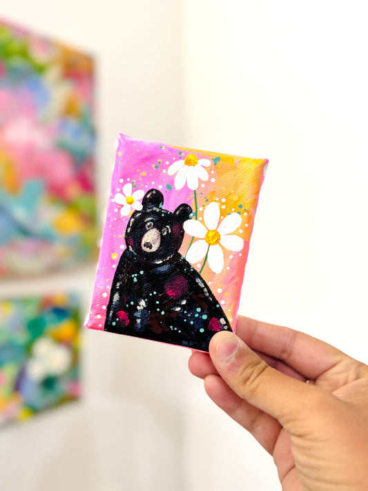 Black Bear Floral Mini Canvas Pink