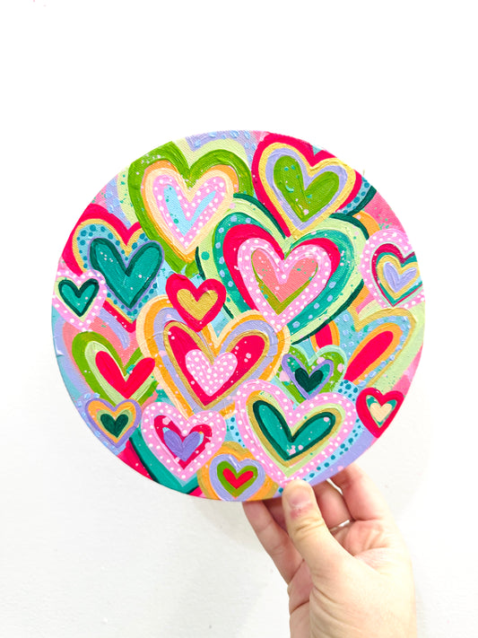 Colorful Hearts Original Painting on Circle Canvas 1