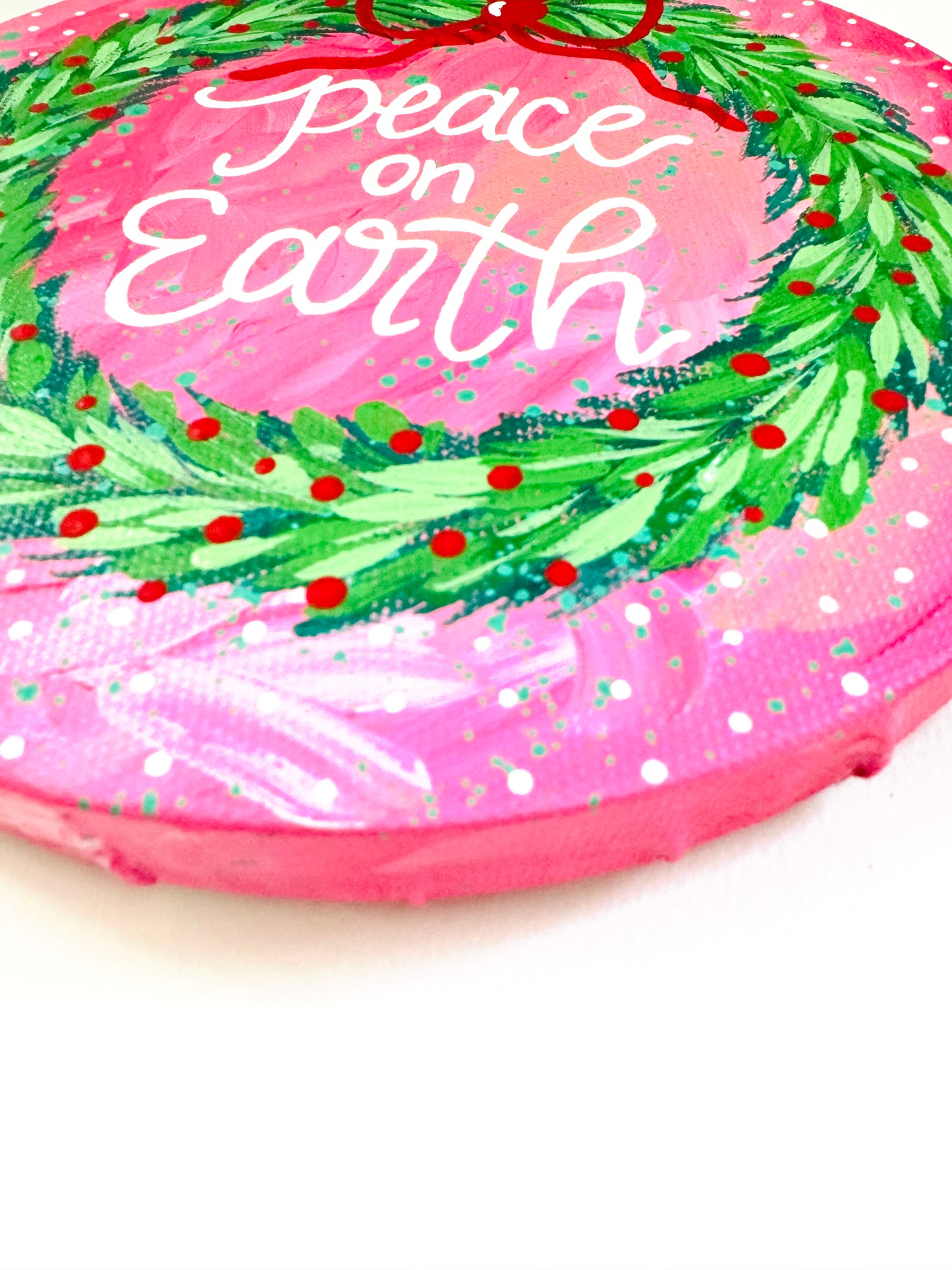 Christmas Wreath Original on Circle Canvas Peace on Earth Pink