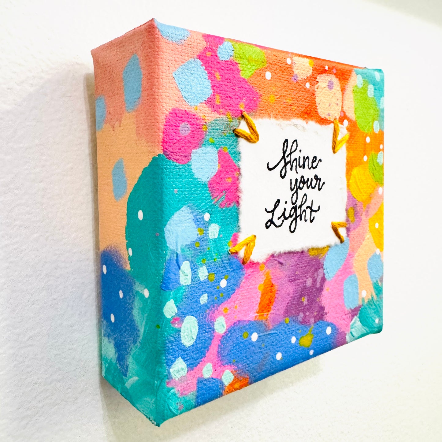 Shine Your Light 4x4 inch original abstract canvas with embroidery thread accents