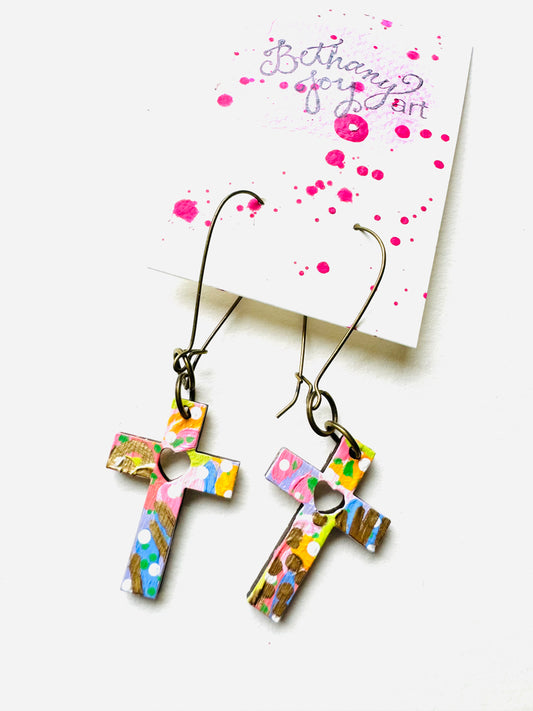 Colorful, Hand Painted Cross Earrings 17