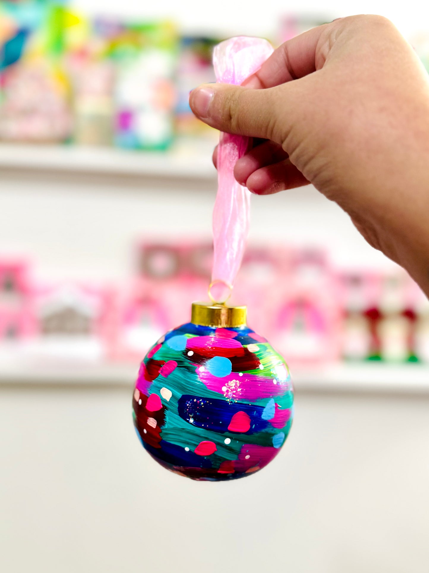 Hand Painted Ceramic Round Ornament Multi-Color Abstract 7