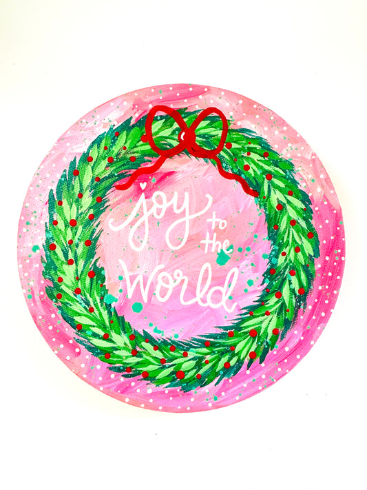 Christmas Wreath Original on Circle Canvas Joy to the World Pink