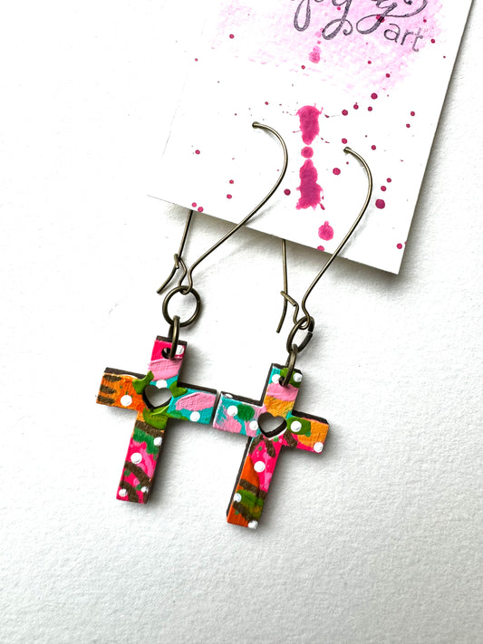 Colorful, Hand Painted Cross Earrings 13