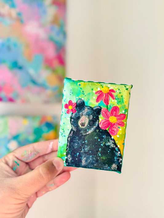 Black Bear Floral Mini Canvas Green