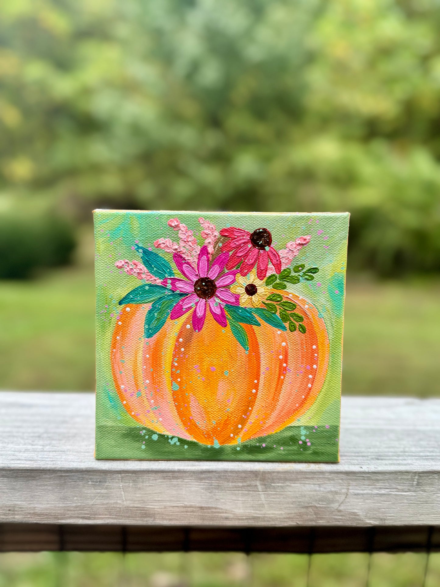 “Harvest Blooms” Pumpkin Painting on 6x6 inch canvas