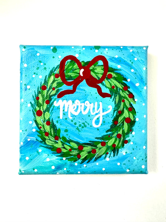 Christmas Wreath Original 4x4 inch canvas blue merry