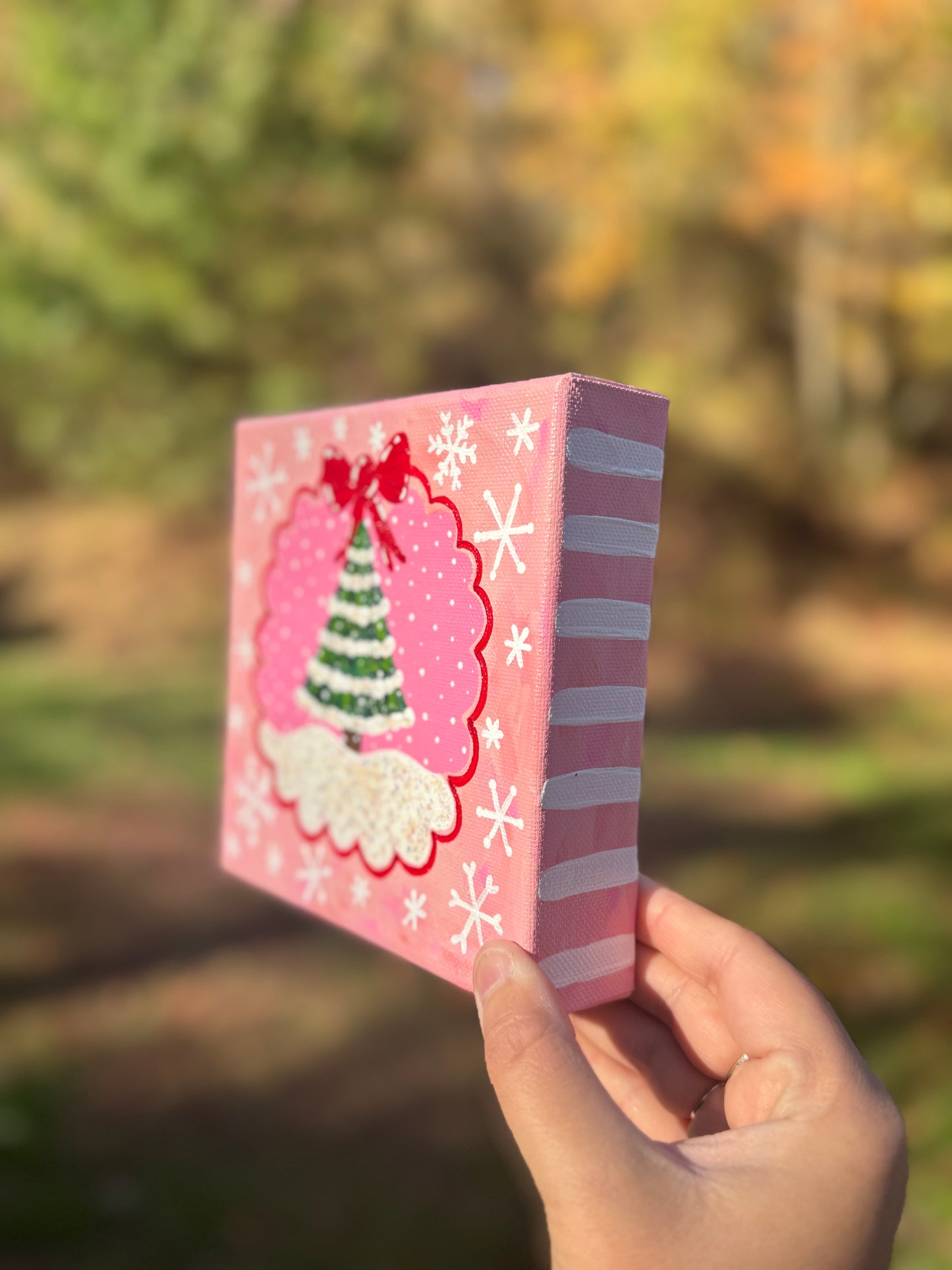 Pink Christmas Tree with Red Bow 6x6 inch original painting on canvas 2