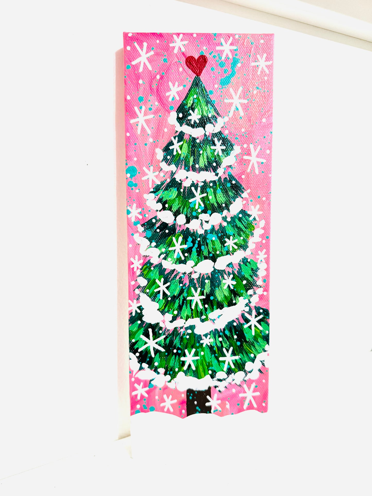 Pink Christmas Tree 12x4 inch original painting on canvas Bethany Joy Art