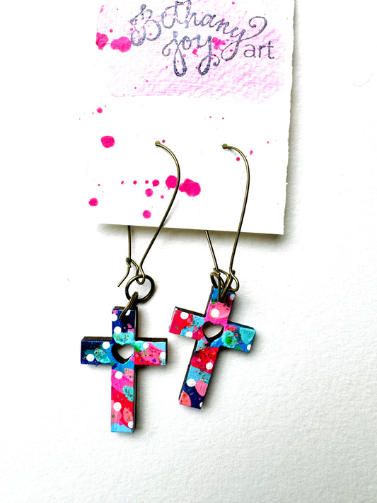 Colorful, Hand Painted Cross Earrings 3