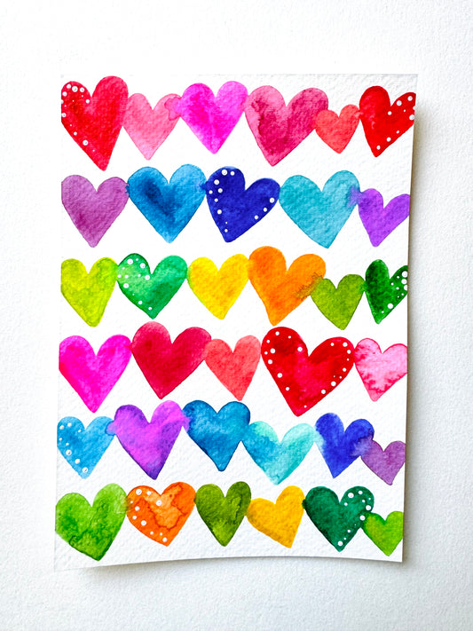 Rainbow Watercolor Hearts Original Painting on 5x7 inch paper no. 1