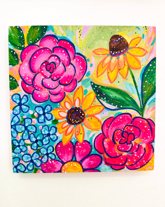 “Sunshine and Petals” 8x8 inch original floral painting on wood panel