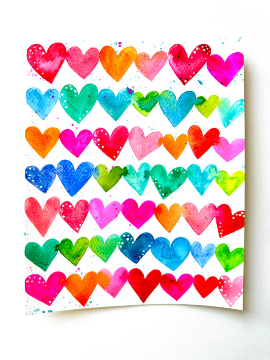 Rainbow Watercolor Hearts Original Painting on 8x10 inch paper