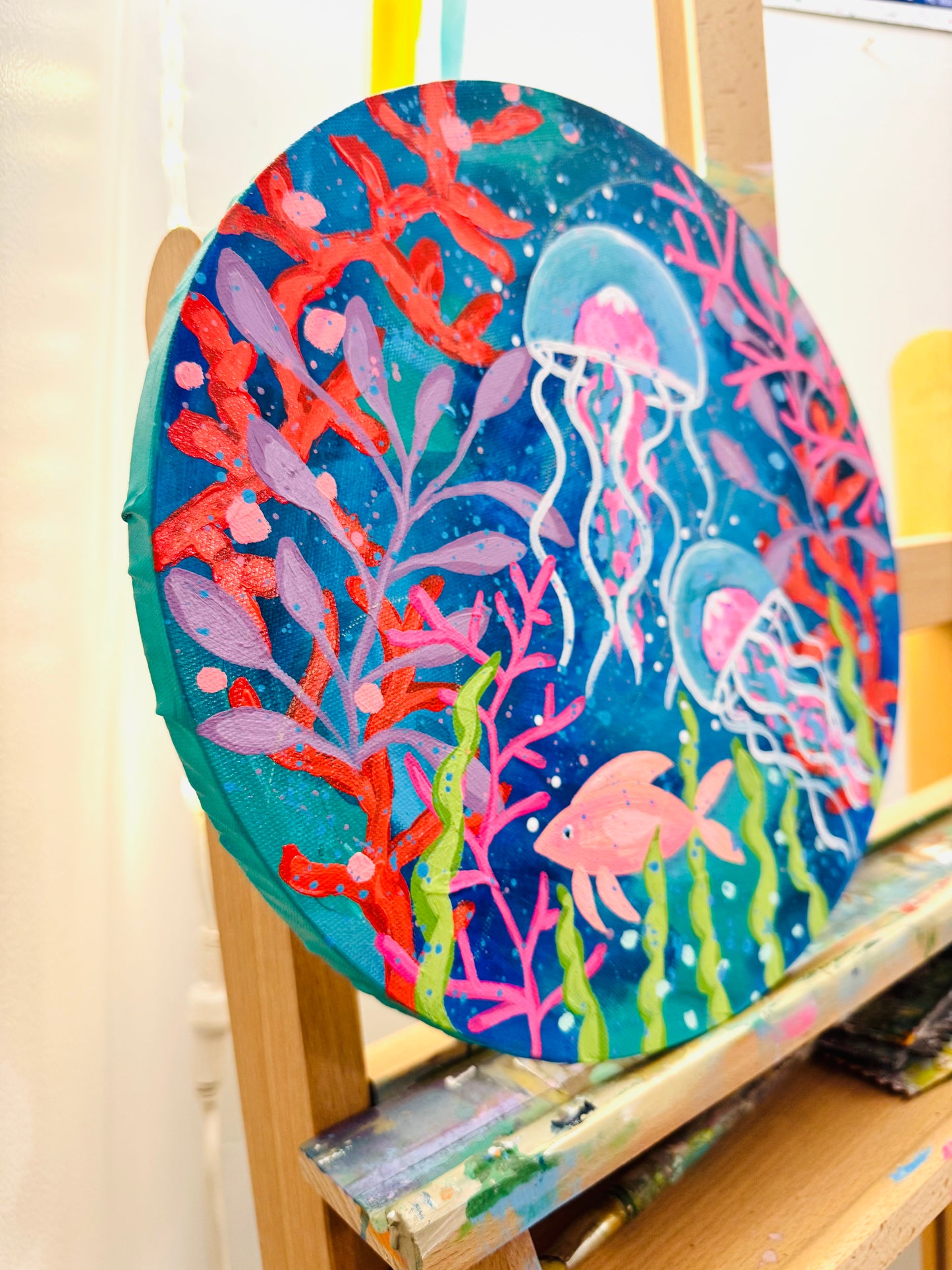 "Go with the Flow" Original Ocean Painting on 12 inch diameter circle canvas