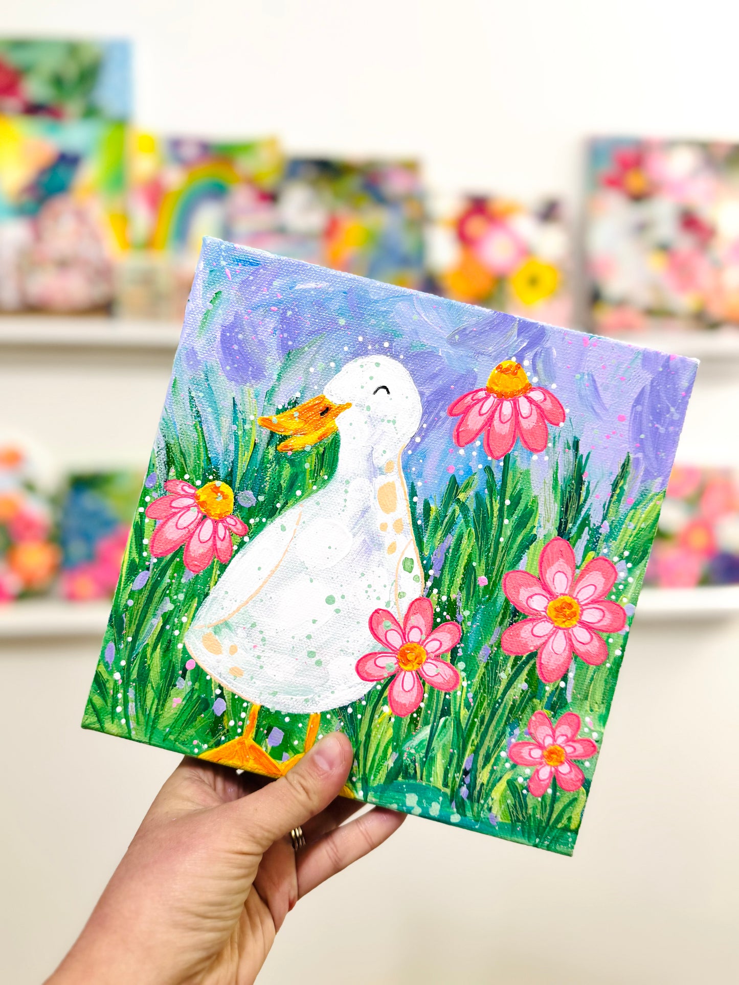 “Happiness in Spring” Floral Duck Painting on 8x8 inch canvas