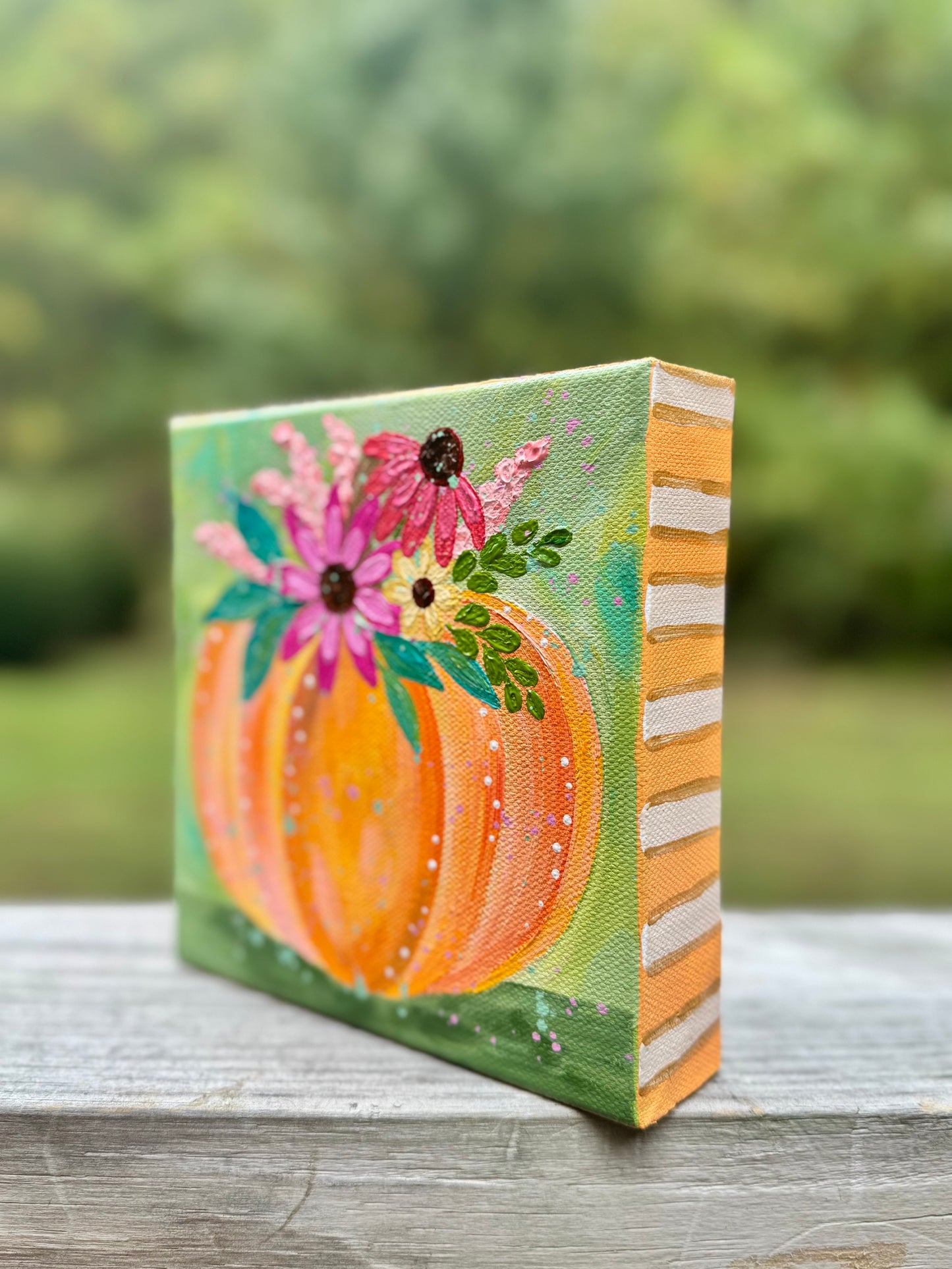 “Harvest Blooms” Pumpkin Painting on 6x6 inch canvas