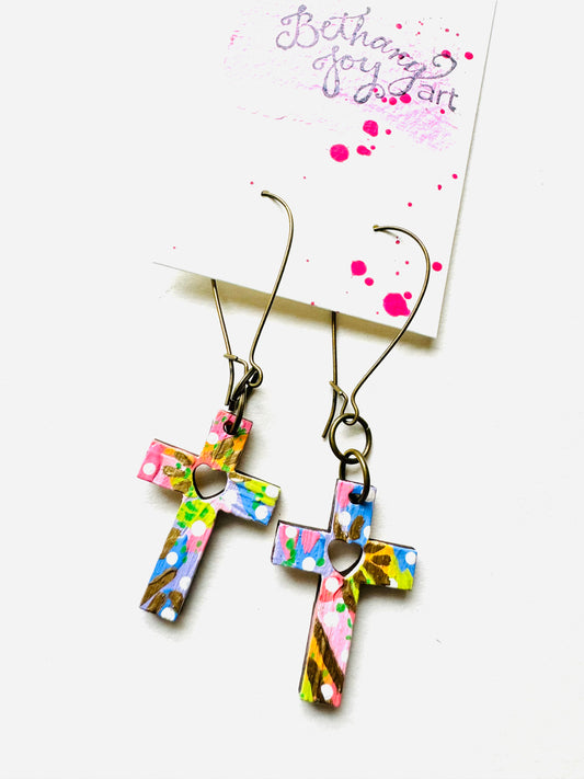 Colorful, Hand Painted Cross Earrings 25