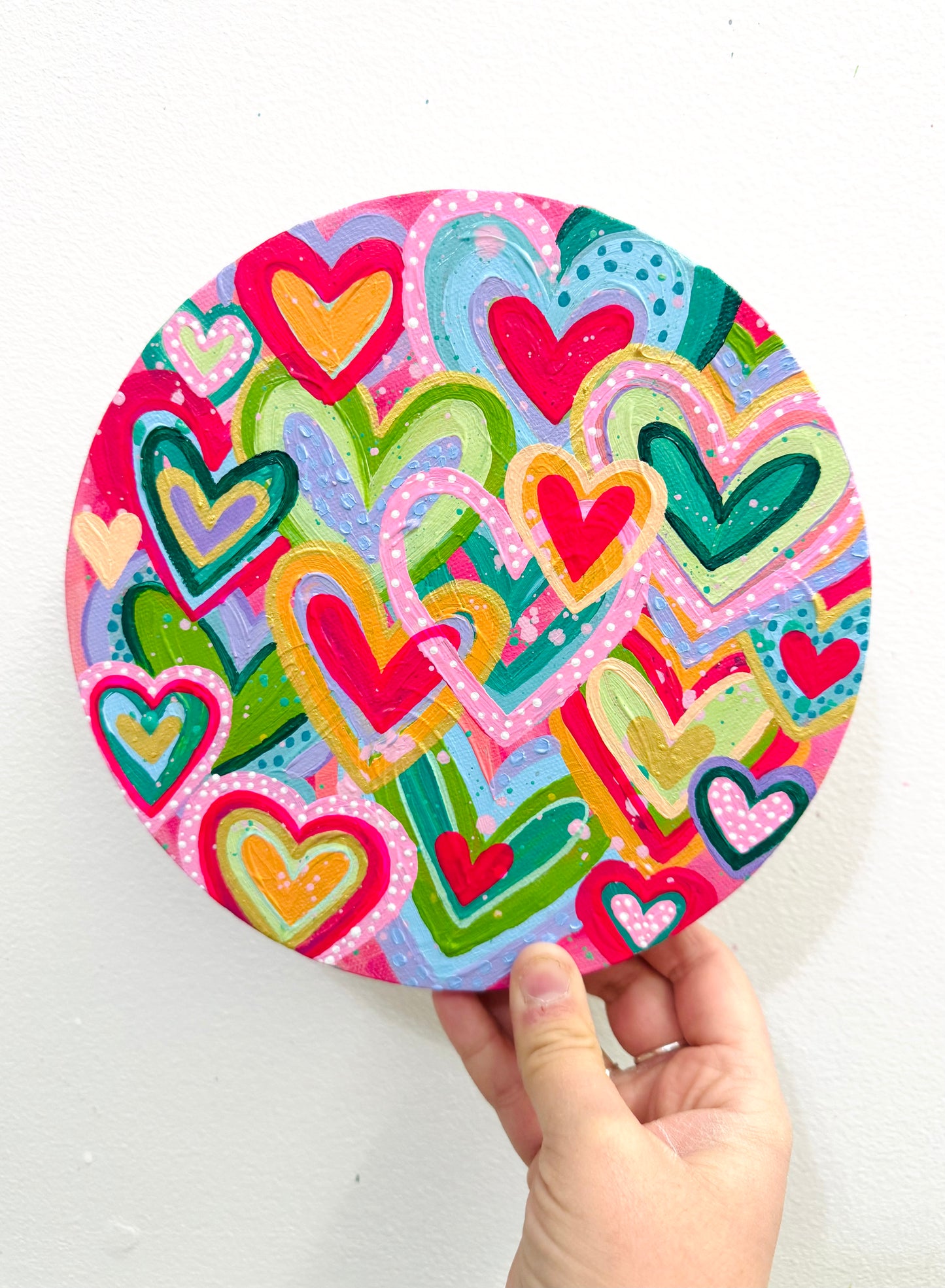 Colorful Hearts Original Painting on Circle Canvas 2