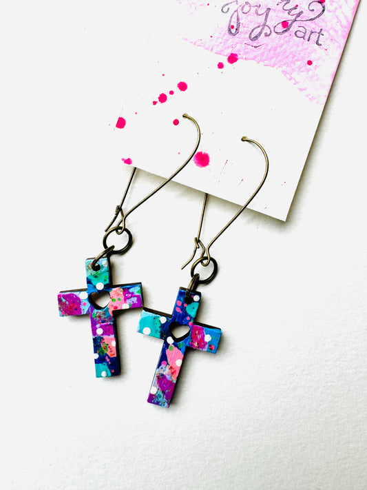 Colorful, Hand Painted Cross Earrings 8