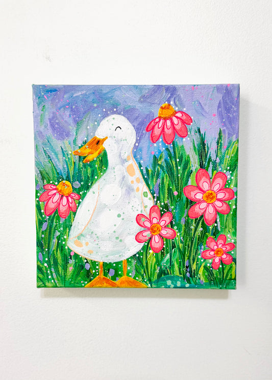 “Happiness in Spring” Floral Duck Painting on 8x8 inch canvas