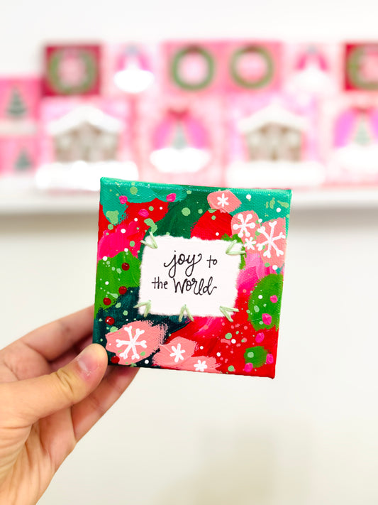 Joy to the World 4x4 inch original abstract canvas with embroidery thread accents