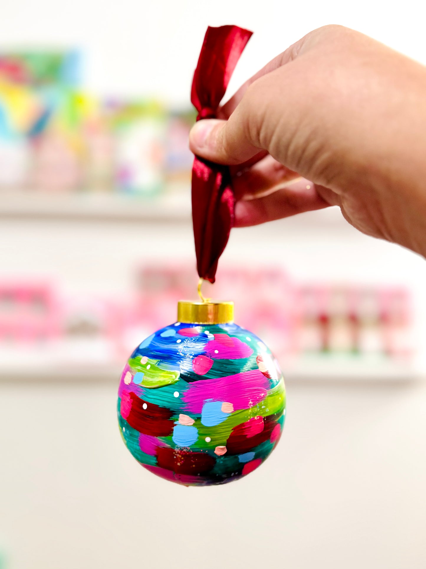Hand Painted Ceramic Round Ornament Multi-Color Abstract 9