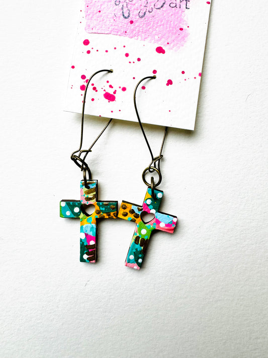 Colorful, Hand Painted Cross Earrings 2