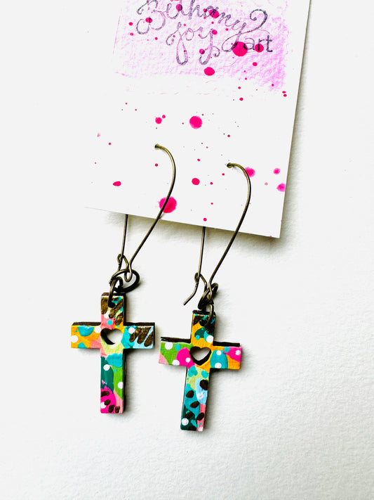 Colorful, Hand Painted Cross Earrings 7
