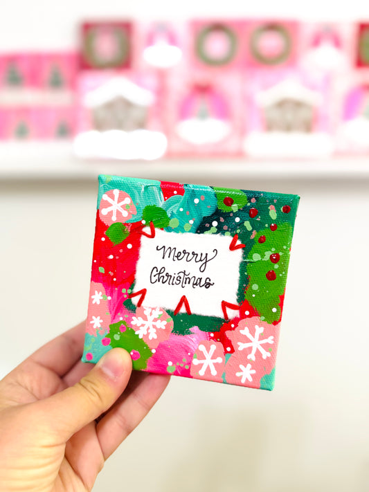 Merry Christmas 4x4 inch original abstract canvas with embroidery thread accents