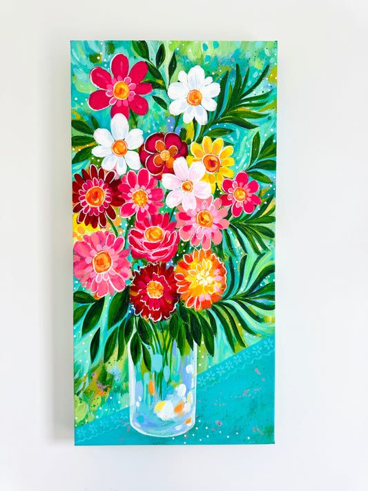 "Picnic Flowers” Floral Original Painting on 12x24 inch canvas